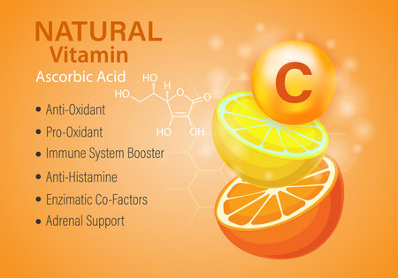 Citrus halves orange and lemon. The concept of natural vitamin C. The benefits of vitamin C with a formula for health. Vector illustration.のイラスト素材