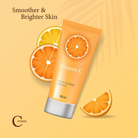 Smoother and brighter skin. Essence of fresh orange. Orange extract cosmetic cream cleansing tube with vitamin C, orange slices. Vector illustration.のイラスト素材