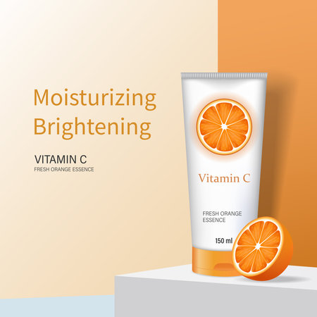 Moisturizing brightening cream. Essence of fresh orange. Orange extract cosmetic cream cleansing tube with vitamin C, orange slices. Vector illustration.のイラスト素材