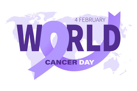 World Cancer Day, February 4. Text with a lavender ribbon symbol and a world map. Creative text with a silhouette of a world map on a white background. Vector illustrationのイラスト素材