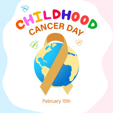 February, 15. Childhood Cancer Day background with yellow awareness ribbon and globe.のイラスト素材