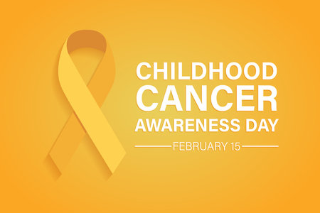 The international symbol of childhood cancer on February 15th. Background with a gold ribbon. A template poster for Cancer Awareness Month. Vector illustration.のイラスト素材