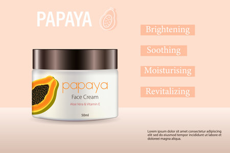 Beauty cream with papaya. Vector illustration with a jar of face cream and natural elements - half a papaya. Advertising of a cosmetic product for papaya skin care. Skin benefitsのイラスト素材