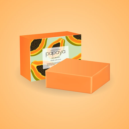 Packaging and soap with papaya. Facial and body skin care. Vector illustrationのイラスト素材