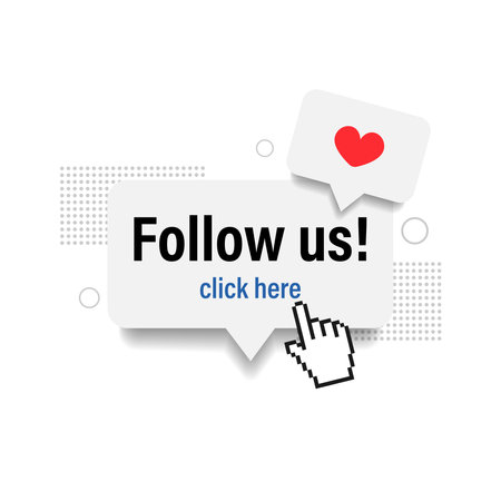 Follow us. Button. Button with a heart and cursor on a white background, with Memphis style elements. Vector illustration.のイラスト素材
