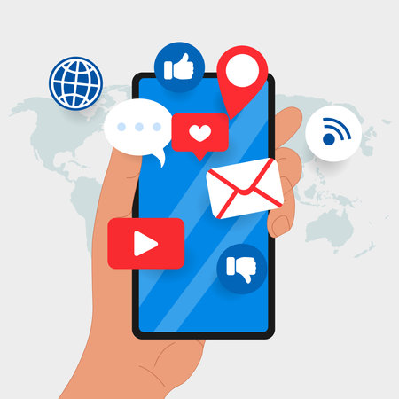 A mobile smartphone with a magnet that attracts hearts and likes. The concept of social media marketing. Simple flat design. Vector illustration. Perfect for your social media postのイラスト素材