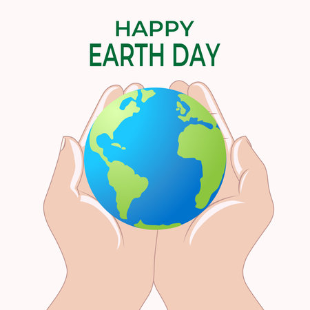 Happy Earth day greeting card with hands holding earth globe. Vector illustration.のイラスト素材