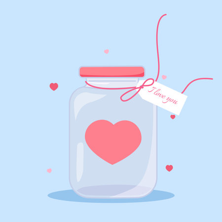 A cartoon jar with a red heart and a tag with the text I love you. Vector illustrationのイラスト素材