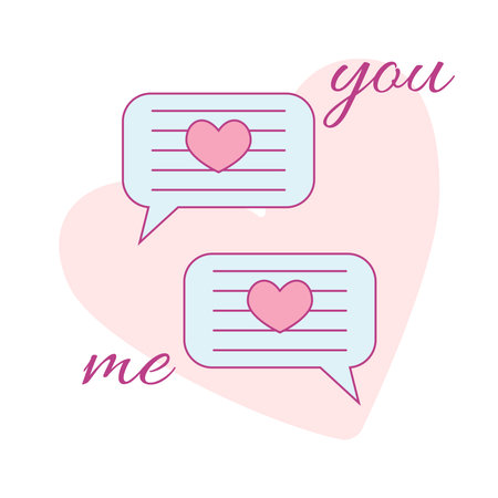 Two speech bubbles with a heart for romantic communication. Romantic message or chat on social media. Vector illustrationのイラスト素材