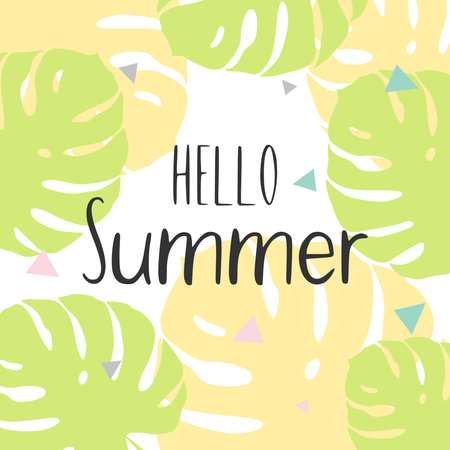 Hello summer. A summer banner with bright tropical leaves and text on a white background. Vector illustrationのイラスト素材