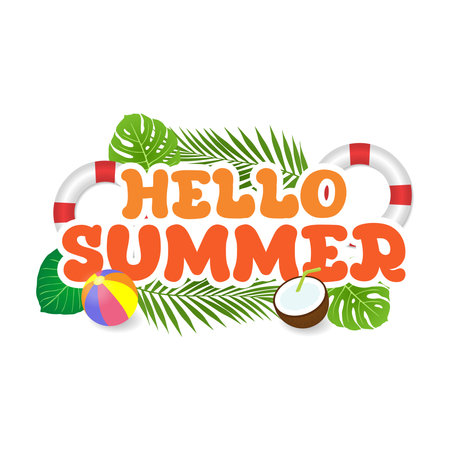 Hello summer. Summer tropical banner with exotic palm leaves, beach ball, coconut cocktail and text on a white background. Vector illustrationのイラスト素材