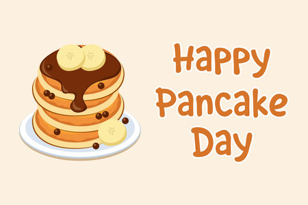 A stack of pancakes with chocolate syrup and banana slices on a plate. Happy pancake day. Vector illustrationのイラスト素材