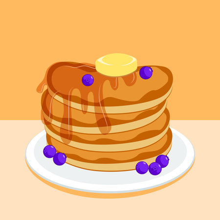 National Pancake Day. Pancakes with syrup, butter and blueberries. An image of a pile of pancakes on a plate. Vector illustrationのイラスト素材