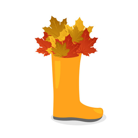 Autumn rubber boot filled with autumn maple leaves. Autumn background. Vector illustrationのイラスト素材
