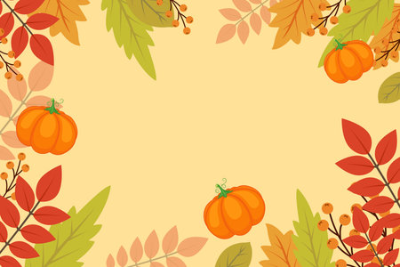 Autumn background with bright autumn leaves and pumpkin. Vector illustration.のイラスト素材