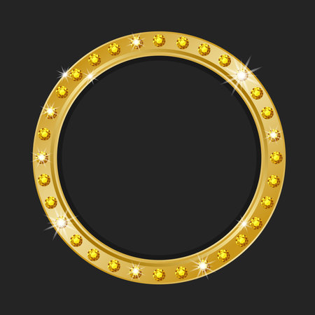 Realistic gold frame, template, label, reward. A round shiny gold frame, edged with diamonds, highlighted on a black background. Vector illustrationのイラスト素材