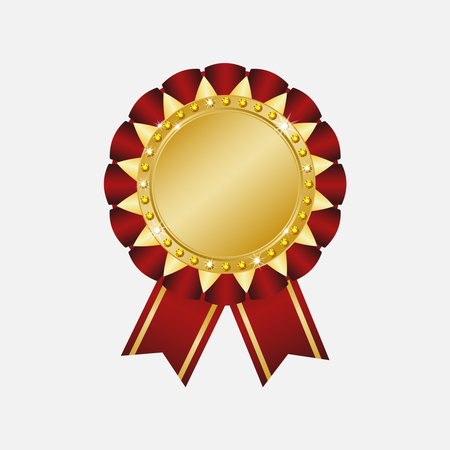 A gold medal. A gold medal with a red ribbon. The prize for the best design is a gold medal. An award with a red ribbon and a gold medal. Vector illustrationのイラスト素材