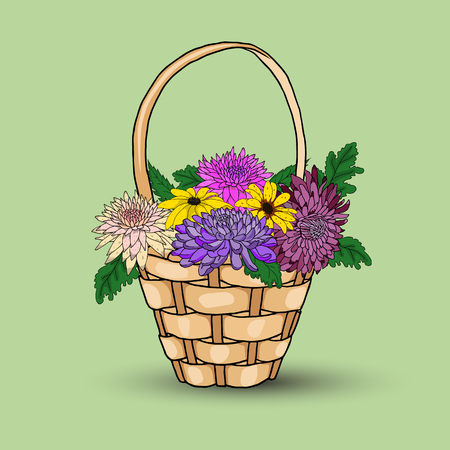 Bright flowers in a basket with a shadow on a green background.のイラスト素材