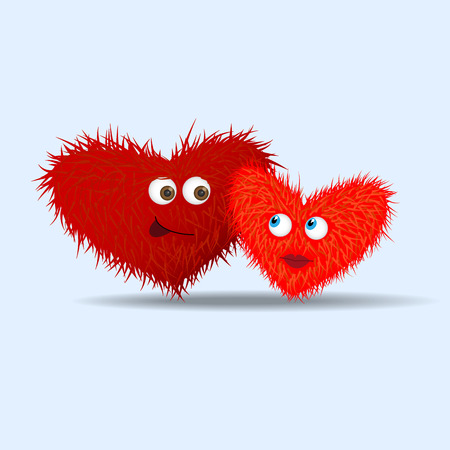 A pair of fluffy cute toy hearts with eyes and shadow.のイラスト素材
