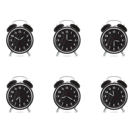 Realistic stylish black metal alarm clocks with a red second hand. Vector illustration isolated on white background.のイラスト素材