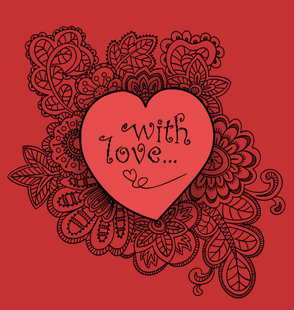 Love card with floral pattern in the doodle style and heart on red background. there is an inscription: With love. Hand drawn sketch.のイラスト素材