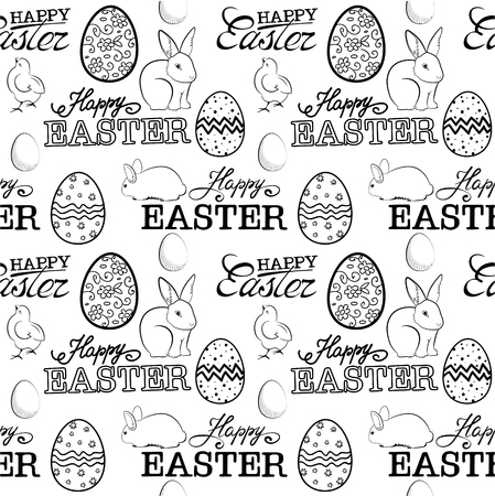 Easter sketch black and white seamless pattern with rabbits.のイラスト素材