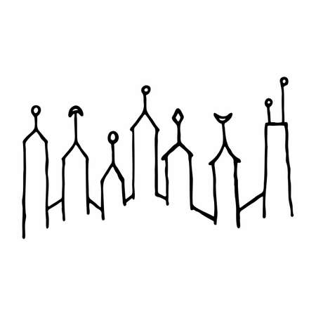 Hand drawn background with doodle houses. various small tiny houses. Paper cut style. various houses doodle set.のイラスト素材