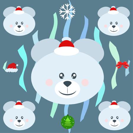new year card bow bear christmas ball snowflake santa hat vector backgroundのイラスト素材