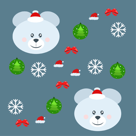 new year card bow bear christmas ball snowflake santa hat vector backgroundのイラスト素材