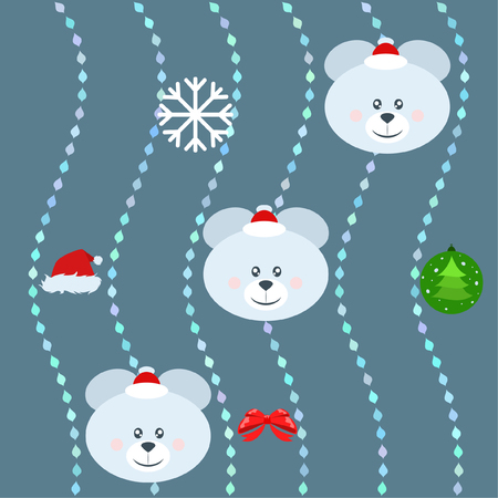 new year card bow bear christmas ball snowflake santa hat vector backgroundのイラスト素材