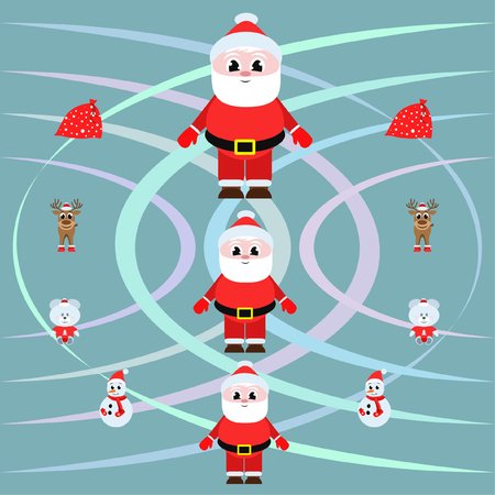 Christmas card, Santa snowman deer bear bag, vector backgroundのイラスト素材