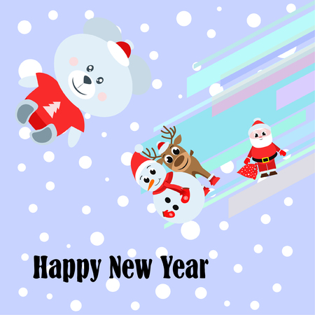 Christmas card, Santa snowman deer bear bag, vector backgroundのイラスト素材