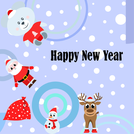 Christmas card, Santa snowman deer bear bag, vector backgroundのイラスト素材