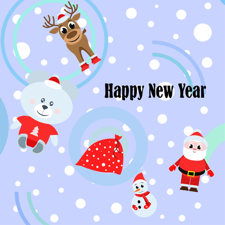 Christmas card, Santa snowman deer bear bag, vector backgroundのイラスト素材