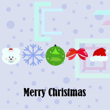 Merry Christmas card with bow, bear, snowflake, Santa hat and Christmas ballのイラスト素材