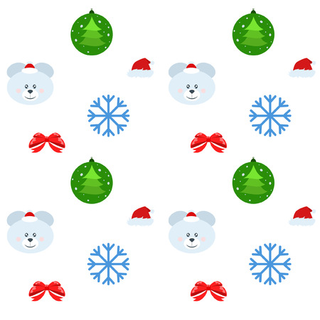 new year card bow bear christmas ball snowflake santa hat vector backgroundのイラスト素材