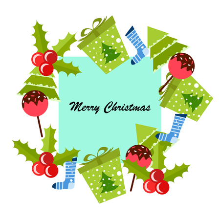 christmas card, candy fir gift christmas sock, vector backgroundのイラスト素材
