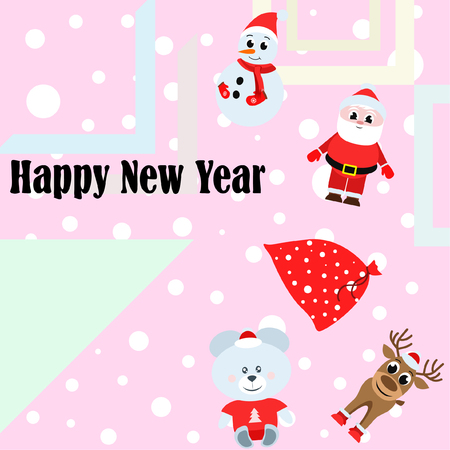 Christmas card, Santa snowman deer bear bag, vector backgroundのイラスト素材