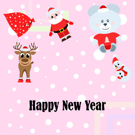 Christmas card, Santa snowman deer bear bag, vector backgroundのイラスト素材