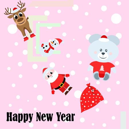 Christmas card, Santa snowman deer bear bag, vector backgroundのイラスト素材