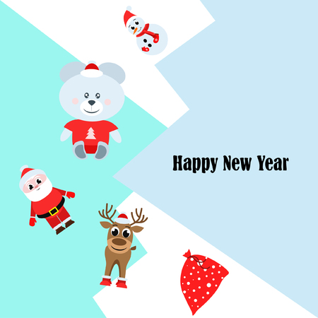 Christmas card, Santa snowman deer bear bag, vector backgroundのイラスト素材