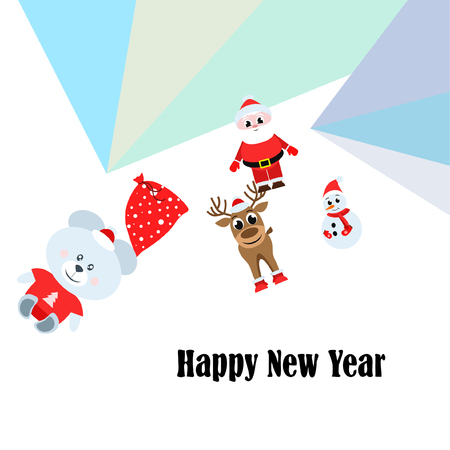 Christmas card, Santa snowman deer bear bag, vector backgroundのイラスト素材