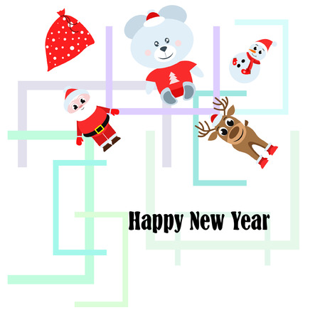 Christmas card, Santa snowman deer bear bag, vector backgroundのイラスト素材