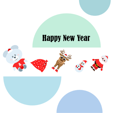 Christmas card, Santa snowman deer bear bag, vector backgroundのイラスト素材