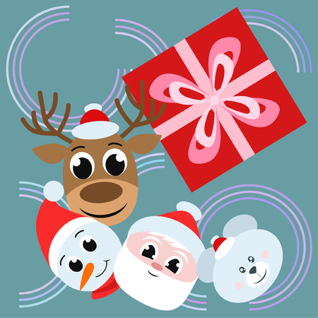 Christmas card, Santa snowman deer bear bag, vector backgroundのイラスト素材