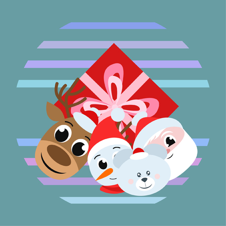Christmas card, Santa snowman deer bear bag, vector backgroundのイラスト素材