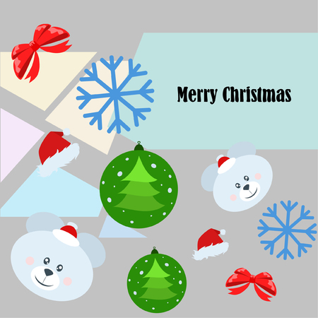 new year card bow bear christmas ball snowflake santa hat vector backgroundのイラスト素材