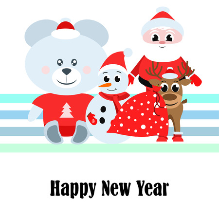Christmas card, Santa snowman deer bear bag, vector backgroundのイラスト素材