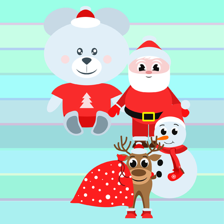 Christmas card, Santa snowman deer bear bag, vector backgroundのイラスト素材