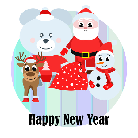 Christmas card, Santa snowman deer bear bag, vector backgroundのイラスト素材